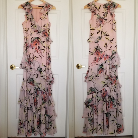 JAY GODFAREY Floral Print Sleeveless V-Neck Tiered Ruffle Trim Gown - Picture 2 of 14